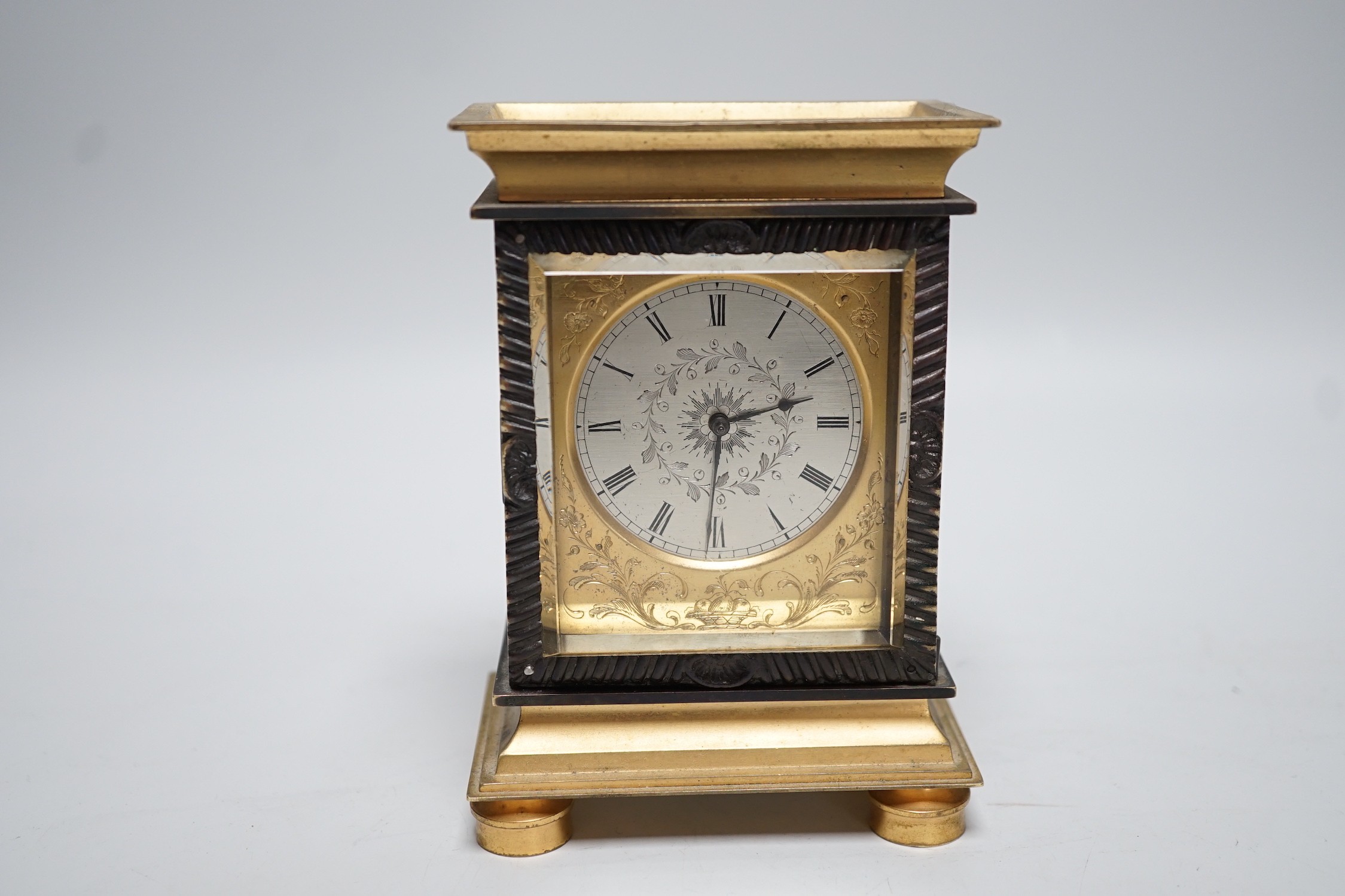 An 18th century pocket watch movement in later built bronze clock case. 12.5cm
